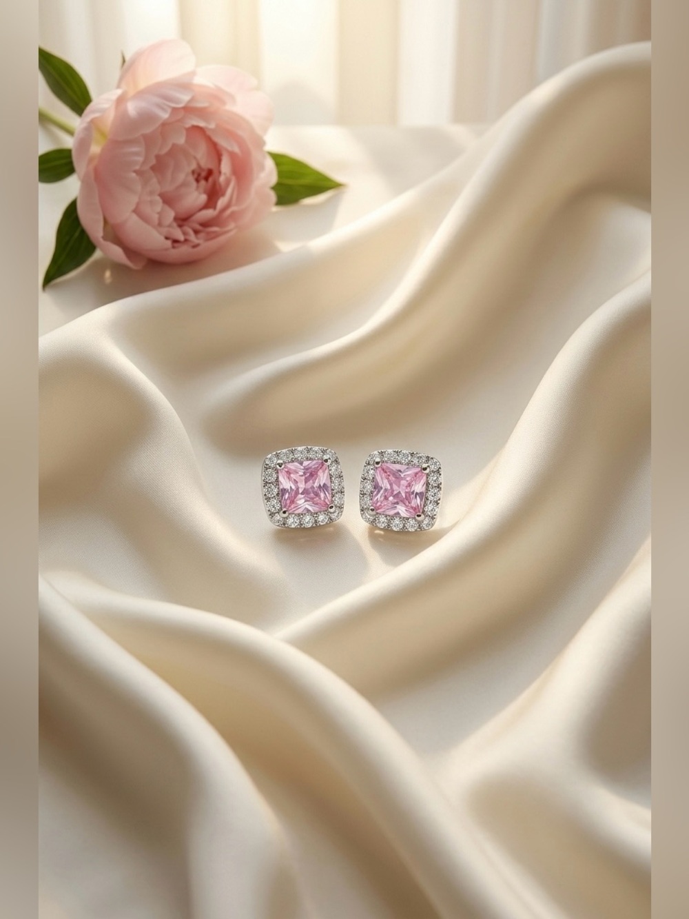 925 Sterling Silver Pink Moissanite Halo Stud Earrings Princess Cut New